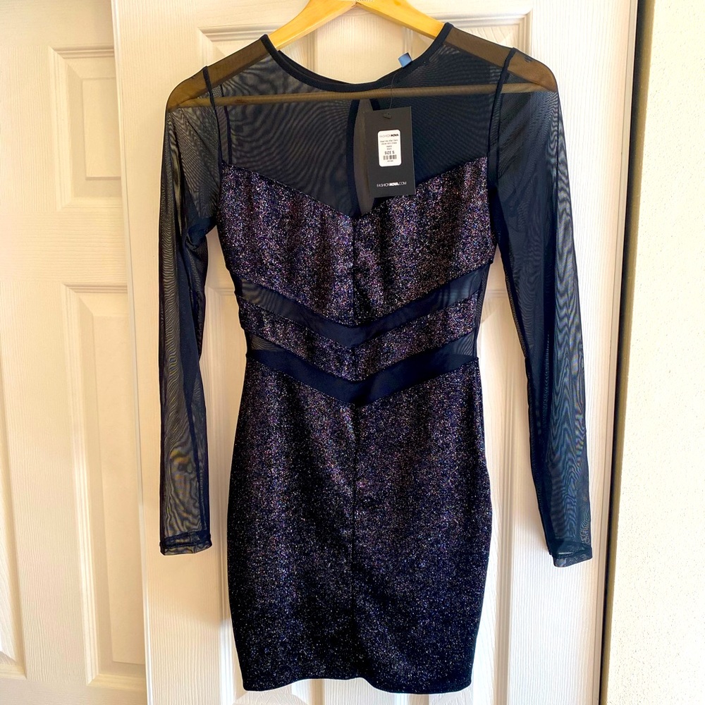 NWT FashionNova “Meet me after dark” black glitter velvet small mini dress